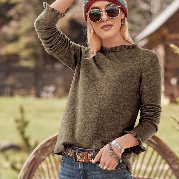 

women's sweaters ruffled france style sweater solid color round neck loose long-sleeved woolen vintage jumper korean fashion clothes, White;black