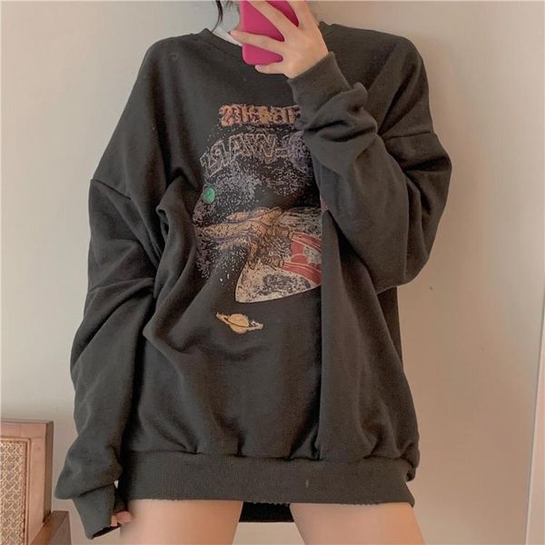 

women's hoodies & sweatshirts 2021 spring oversized sweatshirt harajuku style retro print korean jacket pullover round neck long sleeve, Black