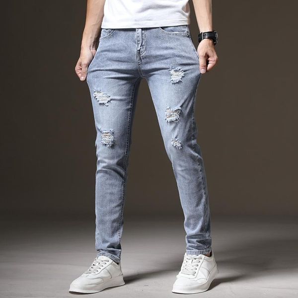 

men's jeans mens ripped slim fit blue summer autumn destroyed torn stylish moto biker denim pants men hip hop streetwear