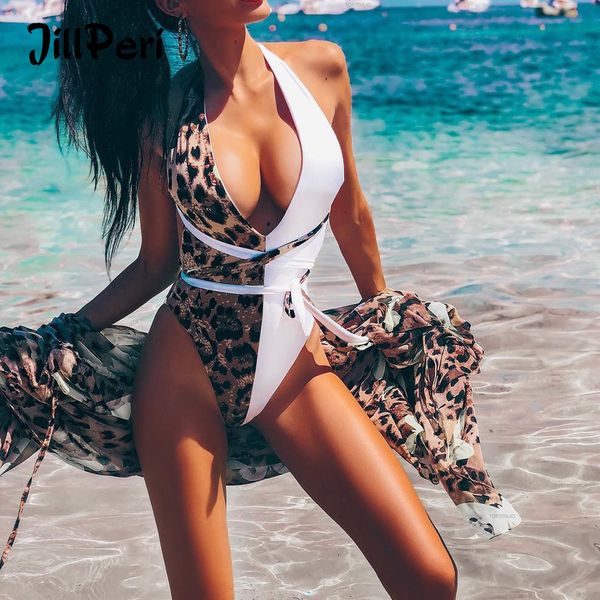 

jillperi women leopard patchwork baless lace up bodysuit deep v ne pool outfit bikini swmming one piece beach wear, Black;white