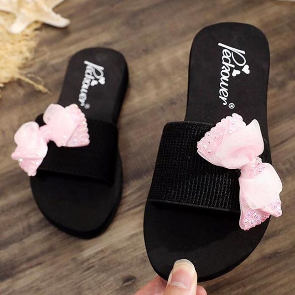 

slipper summer child non-slip lovely princess fashion beach shoes pinch sandals female bow-knot slippers women wear s71, Black;grey