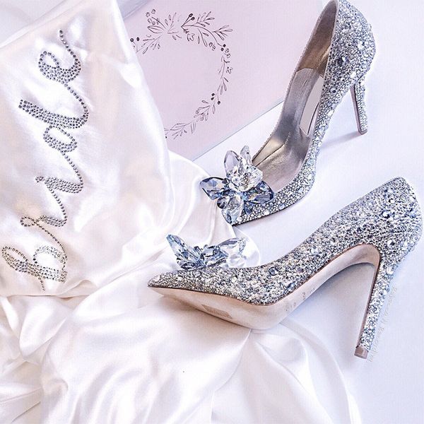 

sandals cinderella crystal gold bridal sier pointed high heels stiletto bridesmaid shallow mouth size wedding shoes women, Black