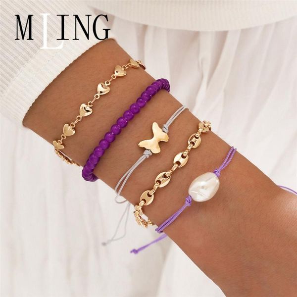 

charm bracelets mling 5 pcs/set vintage gold alloy geometric pearl bracelet set est heart butterfly earrings for women, Golden;silver