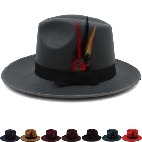 

wide brim hats men women panama feather band sunhats fedora cap trilby jazz outdoor travel party street style size us 7 1/4 uk, Blue;gray
