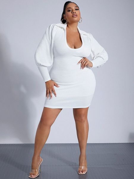 

sxy plus solid gigot sleeve collared bodycon dress x7lm#, Black