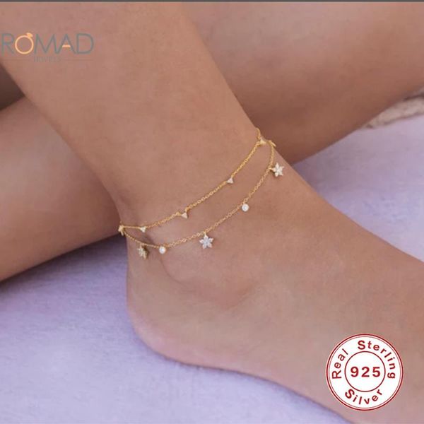 

romad mini triangle zircon frame stacking pendant anklet women 925 sterling silver lightning diamond moon star anklet tobillera, Red;blue