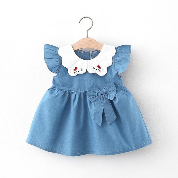 Bebek Kız Elbise 2021 Yaz Bebek Giyim Kızlar Için Sevimli Uçan Kollu Doğan Yay Denim Vestidos Kızın Elbiseleri