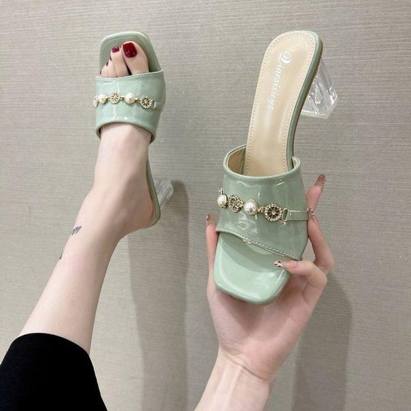 

sandals fashion women 2021 summer comfortable latex tape hollow high-heel crystal thick heels party slippers, Black