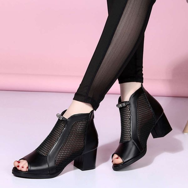 

thick heel sandals women's hollow breathable sho cool middle upper, Black