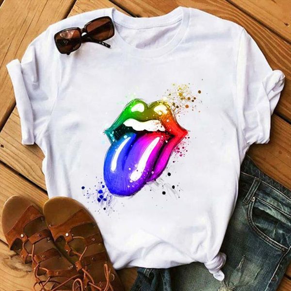 

colorful lips printed men summer mens short sleeve casual white tee harajuku 90s cartoon female, White;black