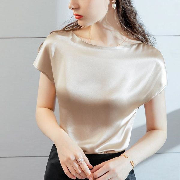 

design basic smooth satin solid blouses women summer thin casual o-neck short sleeve pullover vintage loose breathable shir, White