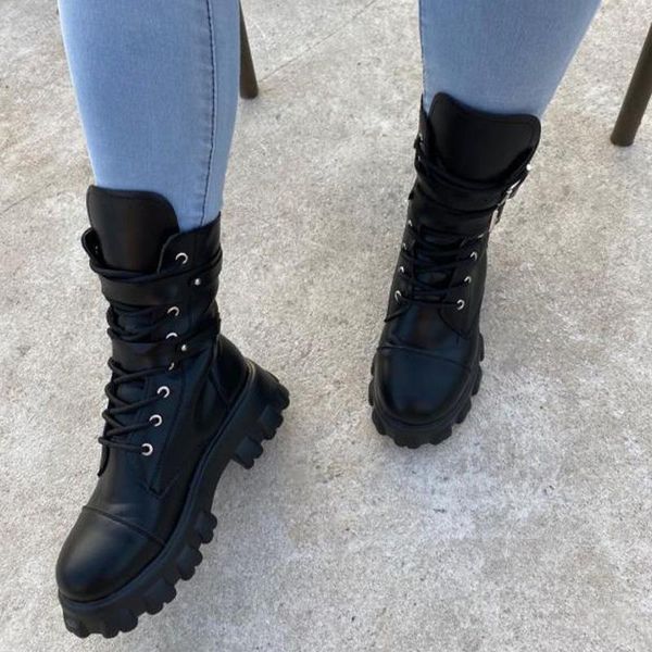 

boots 2021 ankle boot for women fashion chunky woman pu leather metal decoration shoes femae round toe lace up platform1, Black