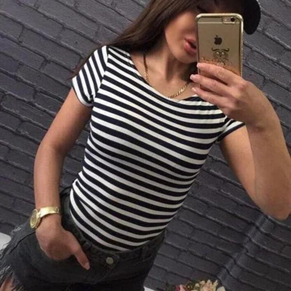 

women casual black and white striped t-shirt short sleeve o neck cotton tees 2021 summer fashion high street korea women's