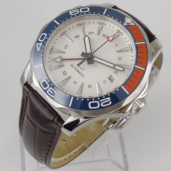 

wristwatches 41mm white dial leather self winding men's watch automatic ceramic bezel gmt mechanical sapphire glass strap date window, Slivery;brown