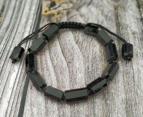 

beaded, strands ya3841 natural black tourmaline stone cord knot adjustable bracelet