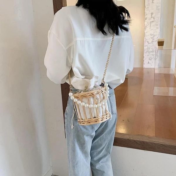 

evening bags bucket bag rattan women small crossbody for female canvas 2021 trendy fashion messenger handbag