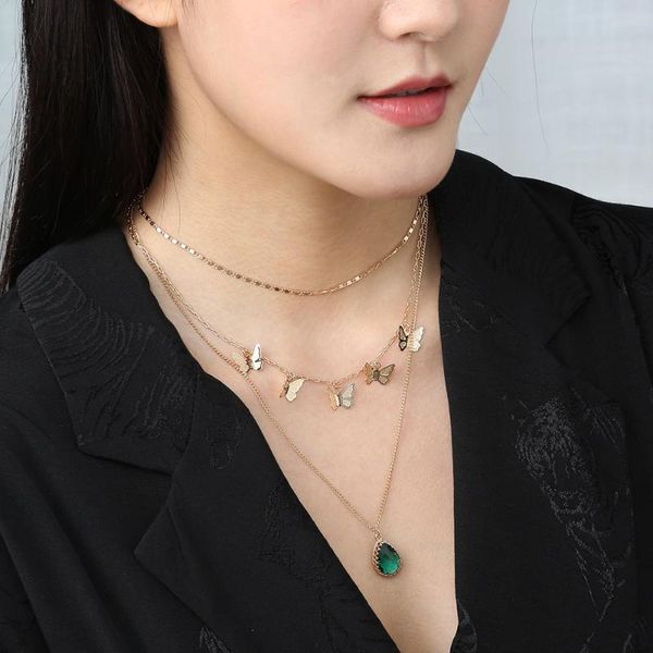 

european and american butterfly metal 3d sense elegant drop cut zircon pendant multistory necklace necklaces, Silver