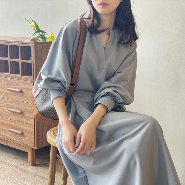 

casual dresses 2021 spring autumn women dress korean style elegant ladies v-neck long sleeve lace-up female loose, Black;gray