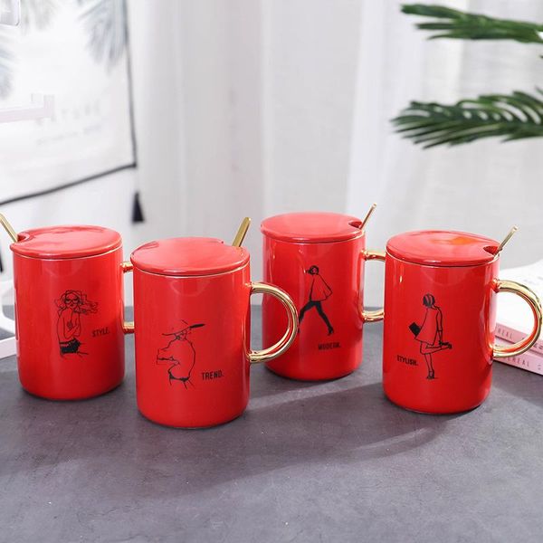 

mugs trendy gold-painted red ceramic coffee cup gold handle with lid spoon heat resistant 420ml modern office business mug set