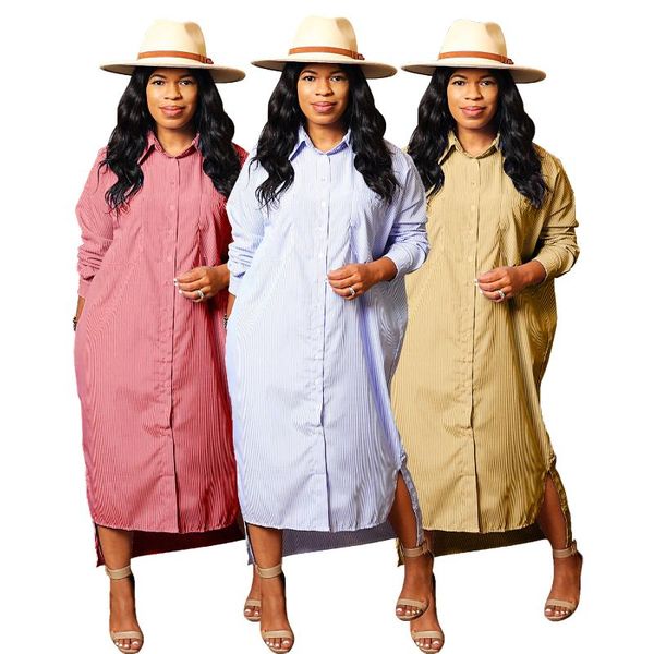

casual dresses selling women loose shirt pure color turn-down collar single-breasted mid-calf split dress 2021 autumn, Black;gray