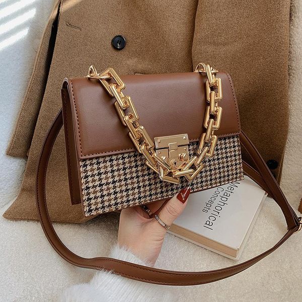 

houndstooth thick chain square tote bag 2021 fashion pu leather women designer handbag shoulder messenger cross body
