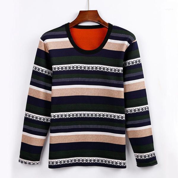 

winter round neck plus velvet thick men's knit sweater color contrast striped slim fit1, White;black