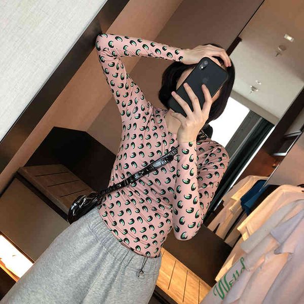 

tee fashion classic trendy design green crescent bottoming shirt moon print tights round neck long sleeve women's t-shirt m2, White
