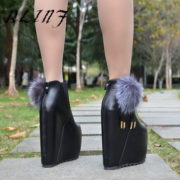 

boots rlinf thick bottom plus velvet wedge with muffin 17cm high height female short, Black