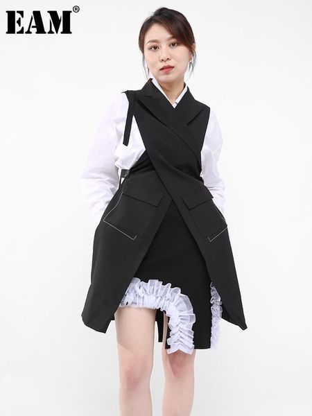

women's vests [eam] women loose fit black button cross irregular long vest lapel sleeveless fashion tide spring summer 2021 1dd929701, Black;white