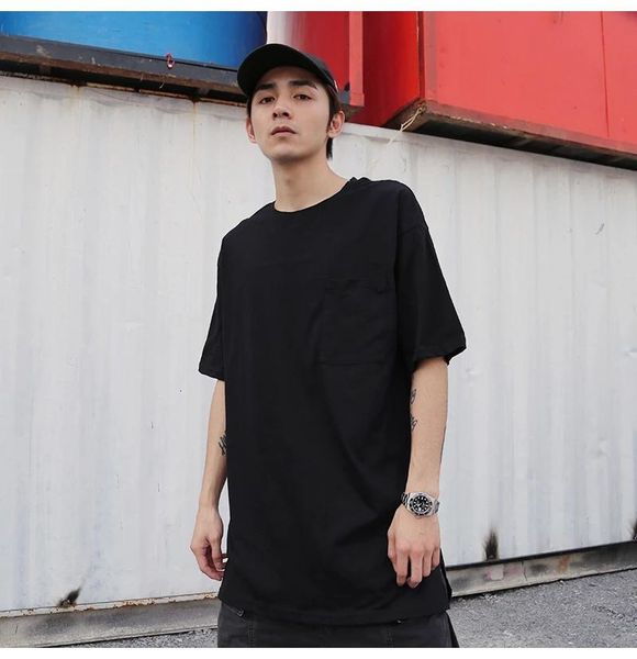 

men's t-shirts casual short sleeve t-shirt european and american business street style long split pocket solid color backing, White;black