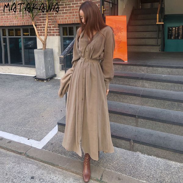 

matakawa slim long-sleeved women's dress korean autumn elegant single-breasted femme robe v-neck long lace-up waist midi dresses 210513, Black;gray