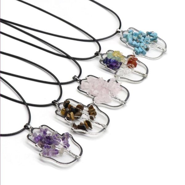 

silver plated wire wrap hand shape many colors quartz stone pendant rope chain necklace tree of life jewelry necklaces