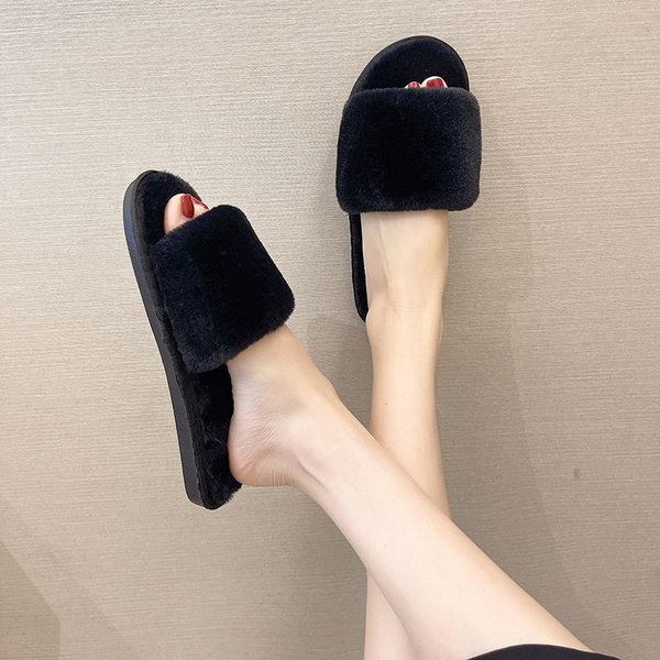 

slippers women shoes fashion warm fluffy faux fur cross indoor floor slides flat soft furry ladies female celebrities flip flops, Black