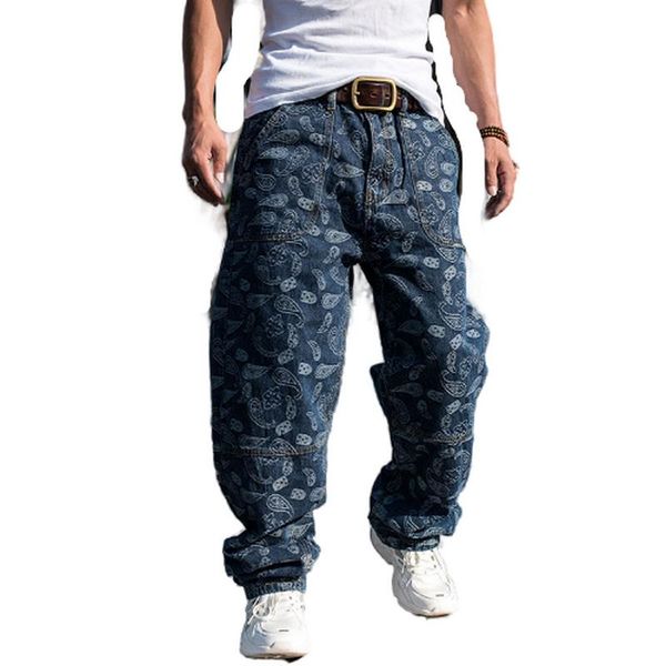 

graffiti print punk skateboard jean patch pocket harem jeans men baggy denim pants loose plus size 30-46, Blue