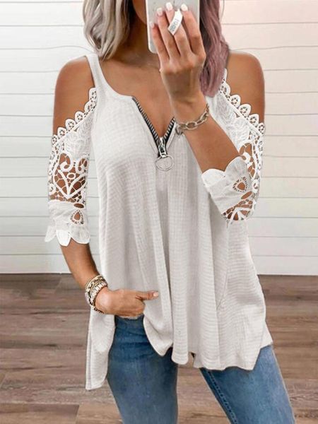 

women's t-shirt women casual 2021 hollow zipper v neck off shoulder half sleeve flower pattern style summer clothes plus size s-3xl, White