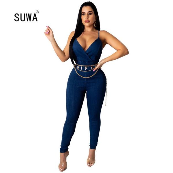 

women's jumpsuits & rompers women v neck skinny strap bodycon slim fit club party female long pant summer, Black;white