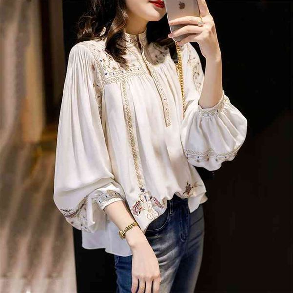 

lady large size fashion printed shirt women's spring summer retro bohemian long lantern sleeve elegant blouse p191 210527, White