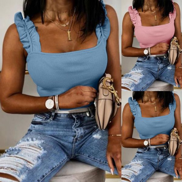 

women's tanks & camis summer square neck tank ruffle sleeveless solid casual slim women streetwear clothes, White