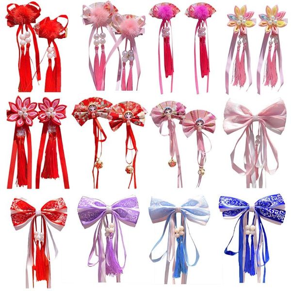 

hair accessories baby girls chinese style clips furry balls bows flower tassels barrettes kids year festival party hairpins, Slivery;white