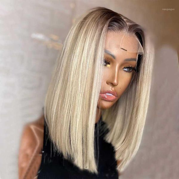 

ombre blonde color middle ratio cut short bob colored 13*4 lace front wig synthetic wigs preplucked with baby hair for women1, Black