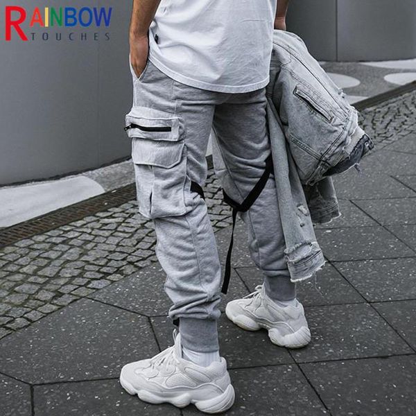 

men's pants rainbowtouches fitness men sports leisure multi pocket hip hop high street binding foot opening breathable cargo, Black