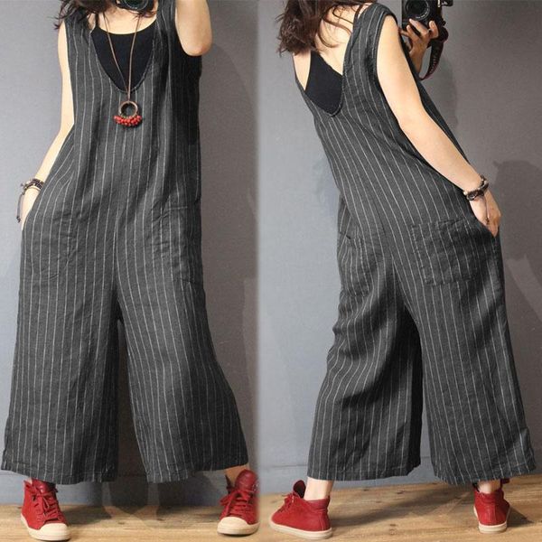 

women's jumpsuits & rompers women fashion v neck sleeveless striped romper female casual wide leg overalls lady plus size work pants, Black;white