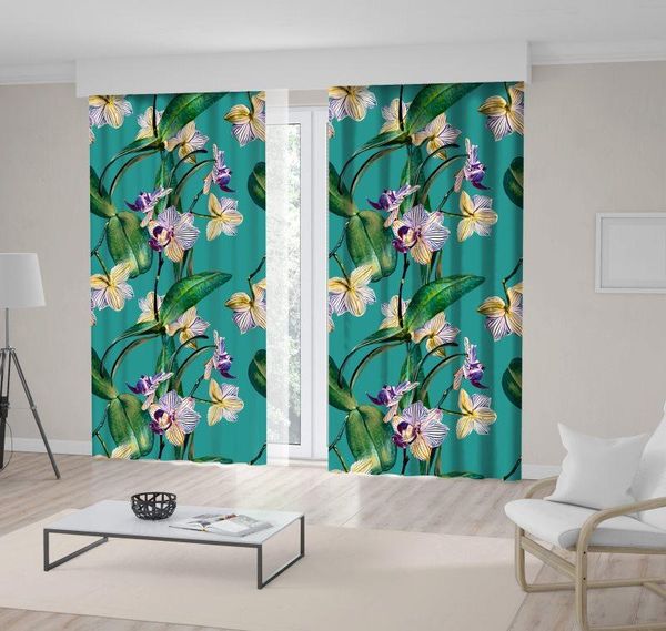 

curtain & drapes orchid flower branches leaves watercolor style artwork with floral pattern white purple green