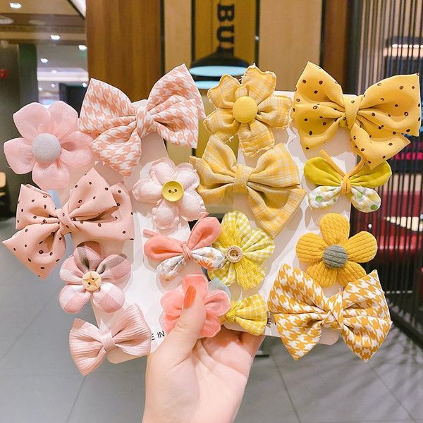 

hair accessories 5pcs/set bow headdress children's fabric stripe hairpin flower baby clip cute princess ornament, Slivery;white