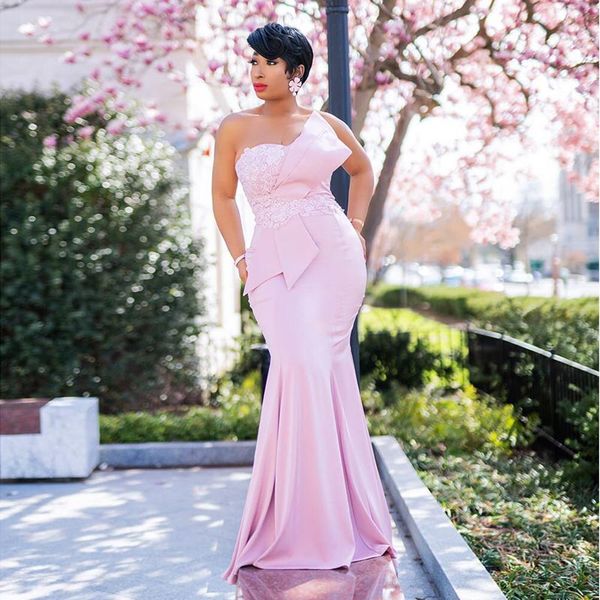 

pink appliqued mermaid prom dresses black girl strapless neck african evening gowns satin floor length plus size formal dress
