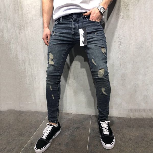 

mens zipper holes designer jeans black ripped slim fit represent pencil pants size 28-40 kg-154, Blue