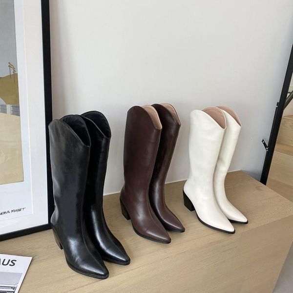 

boots 2021 autumn and winter knee length women's pointed western cowboy thick heels high thin knight, Black