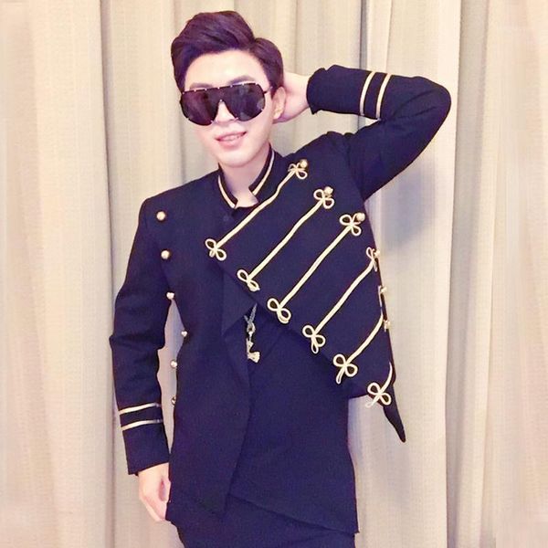 

men's suits & blazers 2021 casual short stand collar jackets coats gold thread irregular multi-button men fashion paragraph singer blaz, White;black