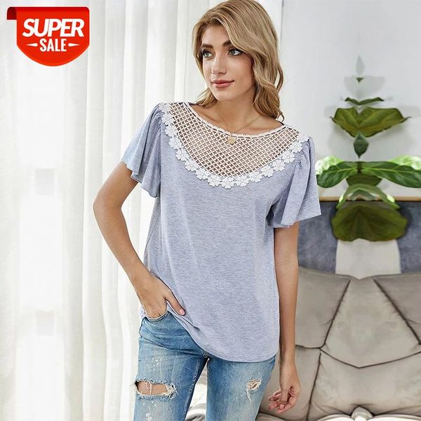

Spring New Lace Patchwork T Shirt Women Casual Hollow Out O Neck Short Sleeve Pullover Top For Woman Solid Color T shirt #Rf2E, White