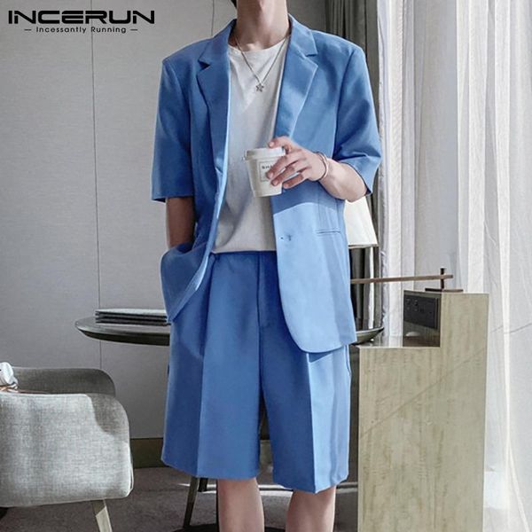 

men's tracksuits fashion men sets solid color streetwear lapel short sleeve blazer button shorts 2021 business casual suits 2 pieces in, Gray